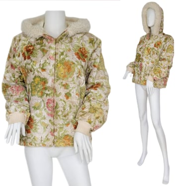1960's Cream Floral Cut Velvet Hooded Short Tapestry Jacket I Coat I Sz Lrg I B: 42" 