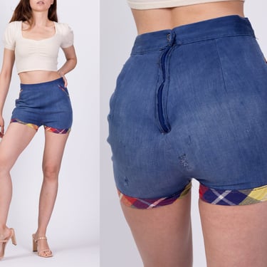 50s 60s Plaid Trim Jean Pinup Shorts - Extra Small, 25" | Vintage Distressed Soft Cotton Denim High Waist Booty Shorts 