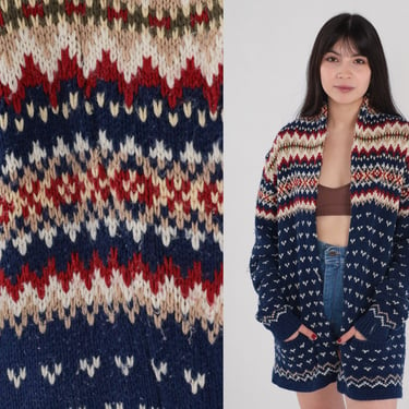 Fair Isle Striped Cardigan 80s Navy Blue Open Front Knit Sweater Geometric Print Red Nordic Hippie Bohemian Acrylic Vintage 1980s Large L 