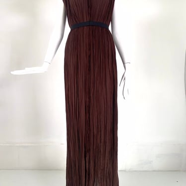 SOLD Lanvin Ete' 2005 Alber Elbaz Fortuny Pleated V Neck Maxi Dress Chocolate Brown