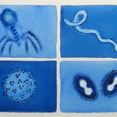 Blue Viruses - original watercolor painting - microbiology art 