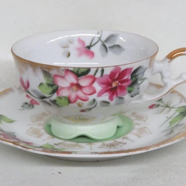 Porcelain White and Gold Pink Floral Design Tea Cup and Saucer Set 3578B