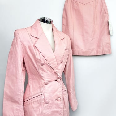Vintage Pink REAL LEATHER Suit With TAGS Jacket & Skirt Womens Dress Small 1980s Fitted Blazer 