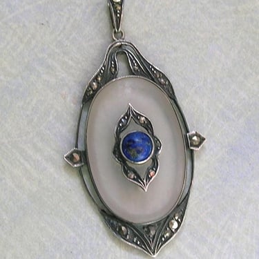 Antique 1920's Art Deco Silver Marcasite and Camphor Glass Pendant Necklace, Camphor Glass Pendant, Silver Sodalite Pendant (#4580) 