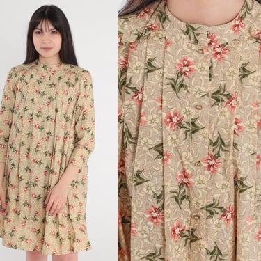 Floral Tent Dress 90s Button up Mini Dress Pleated Trapeze Summer Lounge Day Dress Tan Pink Green Flower Print 3/4 Sleeve Vintage 1990s XS 4 