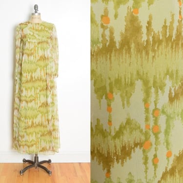 vintage 60s dress green watercolor floral print babydoll empire maxi gown long M clothing 