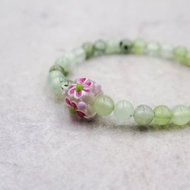 Prehnite Green Crystal Bracelet, Pink Flower Lamp Bead, Stretch Bracelet, Stacking Beaded Bracelets, Spring Gift for Her 