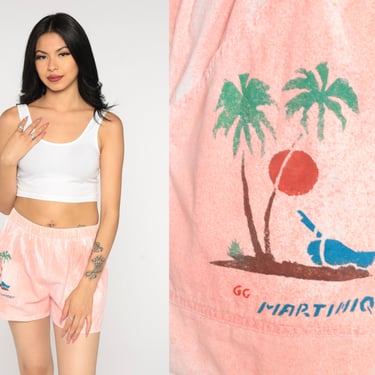 Martinique Shorts 90s Faded Pink High Waisted Shorts Lounge Beach Palm Tree France Elastic Waist Tropical Jogging Vintage 1990s Small Medium 