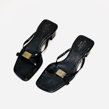 90s 2000s Gucci High heel Sandals Shoes Black Leather sandals Size 7 // 90s y2k Black Leather Sandals Gucci low heel Size 7 Made in Italy 