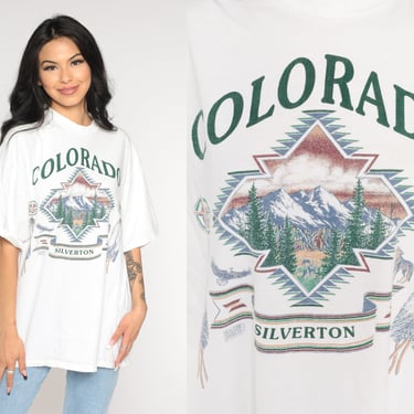 Silverton T-Shirt 90s Southern Colorado Shirt Mountains Forest Feathers Graphic Tee Hiking Tourist Travel TShirt White Vintage 1990s 2xl xxl 