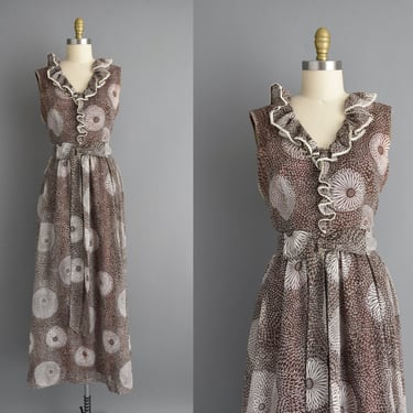 1960s vintage dress | Miss Elliette Brown Floral Cotton Summer Dress | Large | 60s dress 