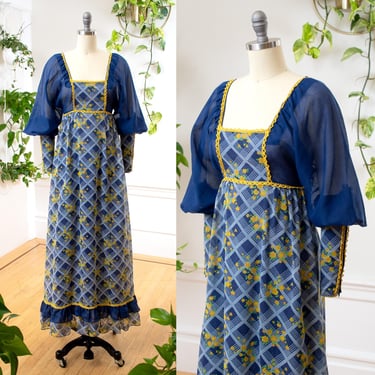Vintage 1960s Maxi Dress | 60s GUNNE SAX Black Label Floral Plaid Bishop Juliet Sleeve Blue Yellow Boho Ren Faire Gown (x-small) 