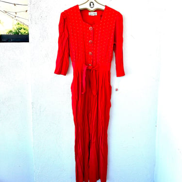 Vintage 80s 90s Crinkle Gauze Baroque Red Jumpsuit New 1990s Embroidered Gold One Piece 