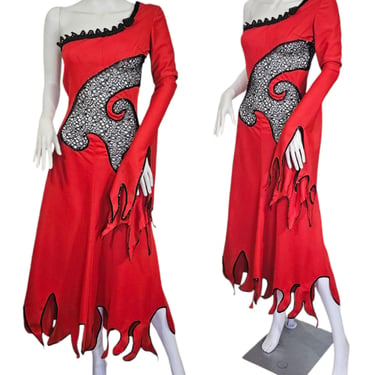 1970's Red Poly One Shoulder Devil Costume Maxi Dress I Sz Sm I Vintage Halloween Costume 