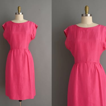 vintage 1950s Dress | Gorgeous Vibrant Pink Silk Wiggle Dress | Medium 