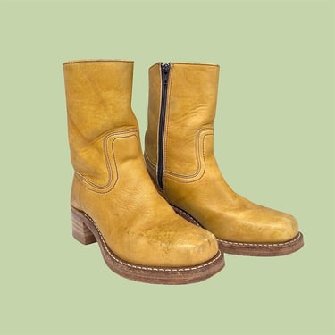 Vintage Frye Boots Retro 1990s Womens + Size 5.5 + 77235 + Genuine Leather + Campus Chelsea + Ankle + Banana + Zippered + Western + Cowboy 