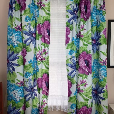 Vintage 1960's Pinch Pleat Curtains / 70s Blue Floral Print Drapes / 2 Panels 