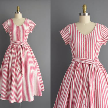 1980s vintage dress | Beautiful Pinstripe Sweeping Full Skirt Cotton Summer  Day Dress | Medium Large | 80s dress 