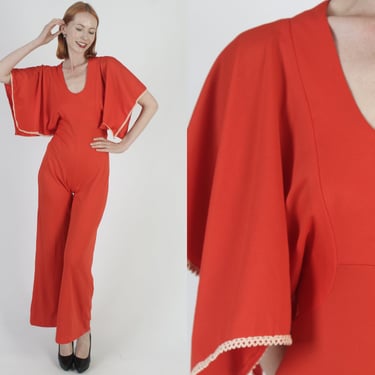All Red Disco Utility Jumpsuit Vintage Plain Monochrome Playsuit 70s Bell Bottom Palazzo Pants 
