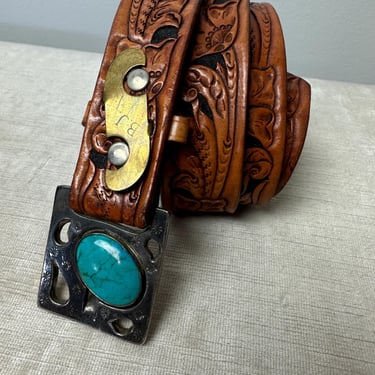 60’s Tooled leather belt~unusual turquoise buckle~ hand made Uniqe~ BJ monogram ~Men’s western belts~ unisex cool  Cowboy size S/M 