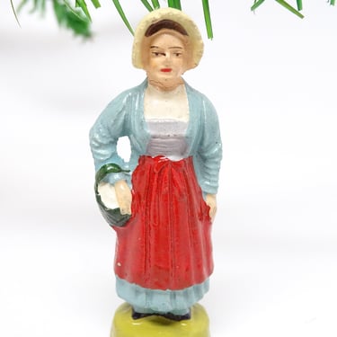 Antique Small Swiss Maiden in Period Costume, Hand Painted Composite Girl with Basket for Christmas Putz 