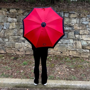 Vintage Umbrella, bold Red and Black with Brassy Gold Accents - Elizabeth Arden, Nylon, 1980's, Parasol, Walking Cane style 