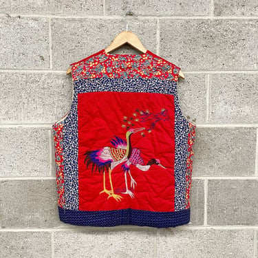 Vintage Asian Vest Retro 1970s Handmade + Quilted + Red + Embroidered Dragons + Cranes + Birds + Floral + Oriental + Unisex 