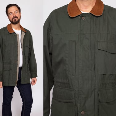 90s London Fog Forest Green Lightweight Jacket Men's Large | Vintage Leather Collar Zip Up Fall Coat 