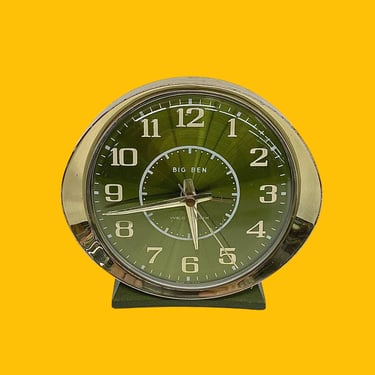 Vintage Westclox Clock Retro 1960s Mid Century Modern + Big Ben + Model 10068 + Green + Gold + Metal + Alarm Clock + Wind Up + Numbered Face 
