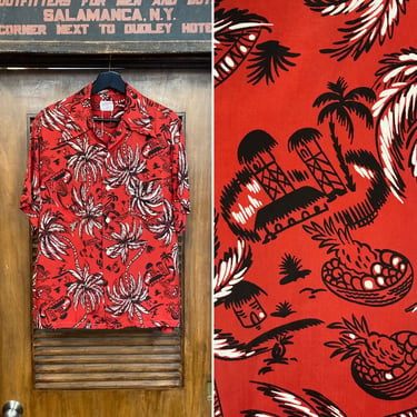 Vintage 1940’s Atomic Palm Tree Silky Rayon Loop Collar Tiki Hawaiian Shirt, 40’s Vintage Clothing 