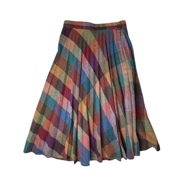 Vintage 70's Colorful Harlequin Pleated Wool Skirt, Union made, Rainbow Checked Wool Midi Skirt, Size 26 