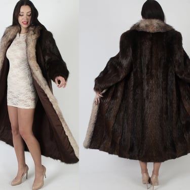 Crystal Arctic Fox Collar And Trim Coat, Beaver Full Length Real Fur Jacket, Vintage 70s Long Warm Winter Overcoat M L 