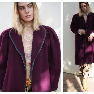 Vintage Wool Purple Coat / Perfect Winter Jacket / 80's 90's Minimalist Coat / Aubergine Eggplant Purple / Leather Piping Coat 