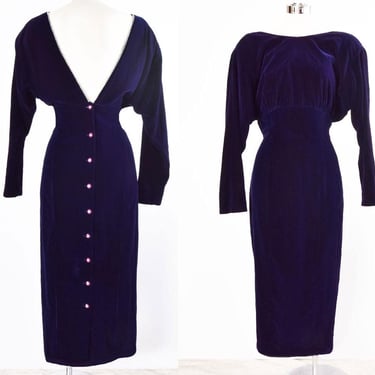 Purple Velvet Vintage Dress Rhinestone Trim, Low Cut Back, Wiggle Evening Party Dress, 1980's, MEDIUM 