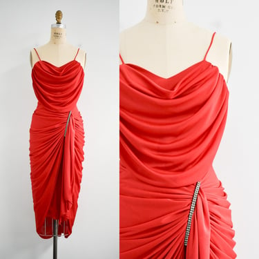 1970s/80s Red Knit Draped Disco Dress 