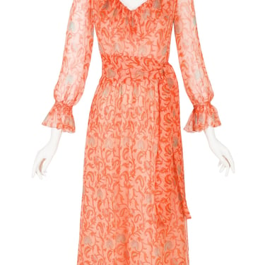Treacy Lowe 1970s Vintage Orange Floral Print Silk Chiffon Ruffle Collar Dress Sz XS 