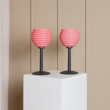 2 Vintage Table Lamps - Pink Glass Bedside Lamps with Fluted Glass Shade - Space Age Design Italy - 1980s 