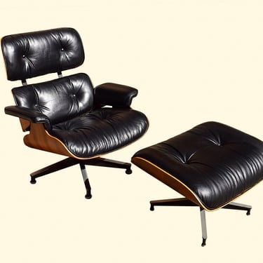 Rare HERMAN MILLER Eames Lounge Chair & Ottoman In Rosewood Black Leather, Original 1970's Eames Swivel Chair Set 