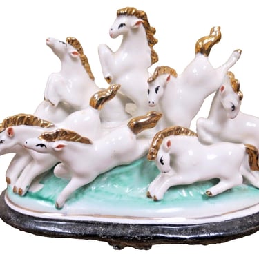 Vintage 8 Sacred Horses Figurine W/ Gilded Manes & Tails - Porcelain Ceramic 