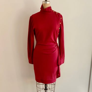 Ungaro Parallele Paris crimson red vintage 80s/90s wool dress, high neck with brass buttons and side flounce- size 8 