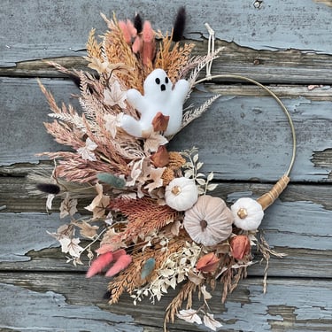 Spooky Boho Ghost and Pumpkin Wreath, Spooky Chic Halloween Wreath with Ruscus and Pampas, Blush Dried Fall wreath, Fall Finds 