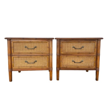 Rattan Nightstands by Dixie FREE SHIPPING Set of 2 Vintage Faux Bamboo and Wicker Hollywood Regency Coastal Boho Chic Style End Tables Pair 