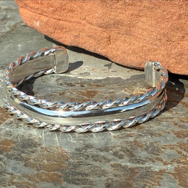 Vintage Mexico Sterling Silver Cuff Bracelet Smooth Center Framed in Braided Sterling 