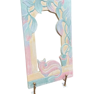 Vintage 1970’s Tropical Modern Wooden Mirror With Cat and Flowers 