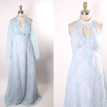 1970s Blue Sleeveless High Collared Neck Floral Velvet Smocked Full Length Dress with Matching Front Tie Bolero Jacket -S 