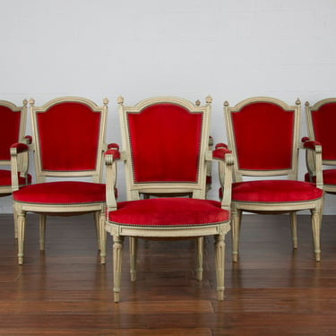Antique French Louis XVI Style Painted Red Velvet Armchairs - Set of 6 
