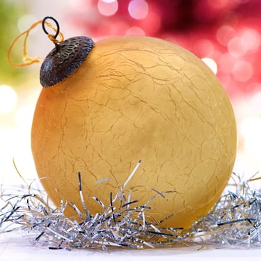 VINTAGE: 3.5" Heavy Thick Mercury Crackled Glass Ornament - Mat Gold Color - Kugel Style Christmas Ornaments - SKU Tub-28- 