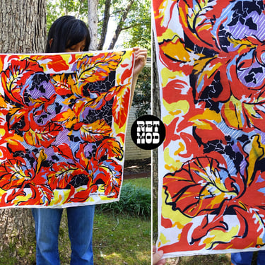 Crazy Floral Patterned Vintage 70s 80s Orange Red Square Cotton Scarf by Dominique Martine 