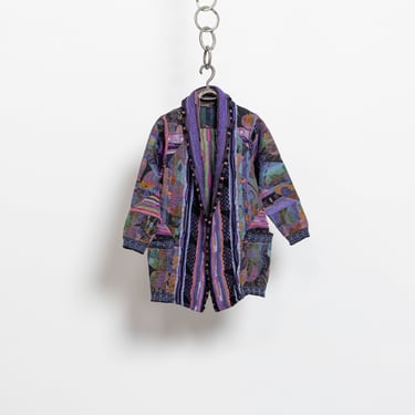 WOVEN TAPESTRY CARDIGAN Knitwear Purple Pockets Oversize Pink Robe Vintage / Small Medium 