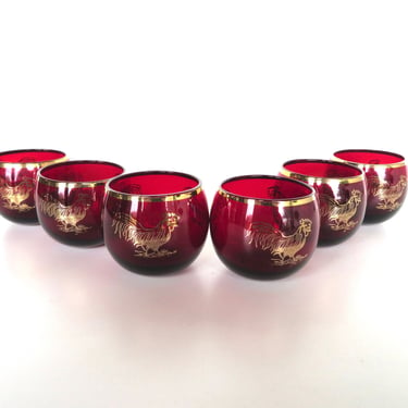 Set of 6 Vintage Ruby Red Rooster Cocktail Glasses, Small Roly Poly Liquor Shot Sized Bar Glass 